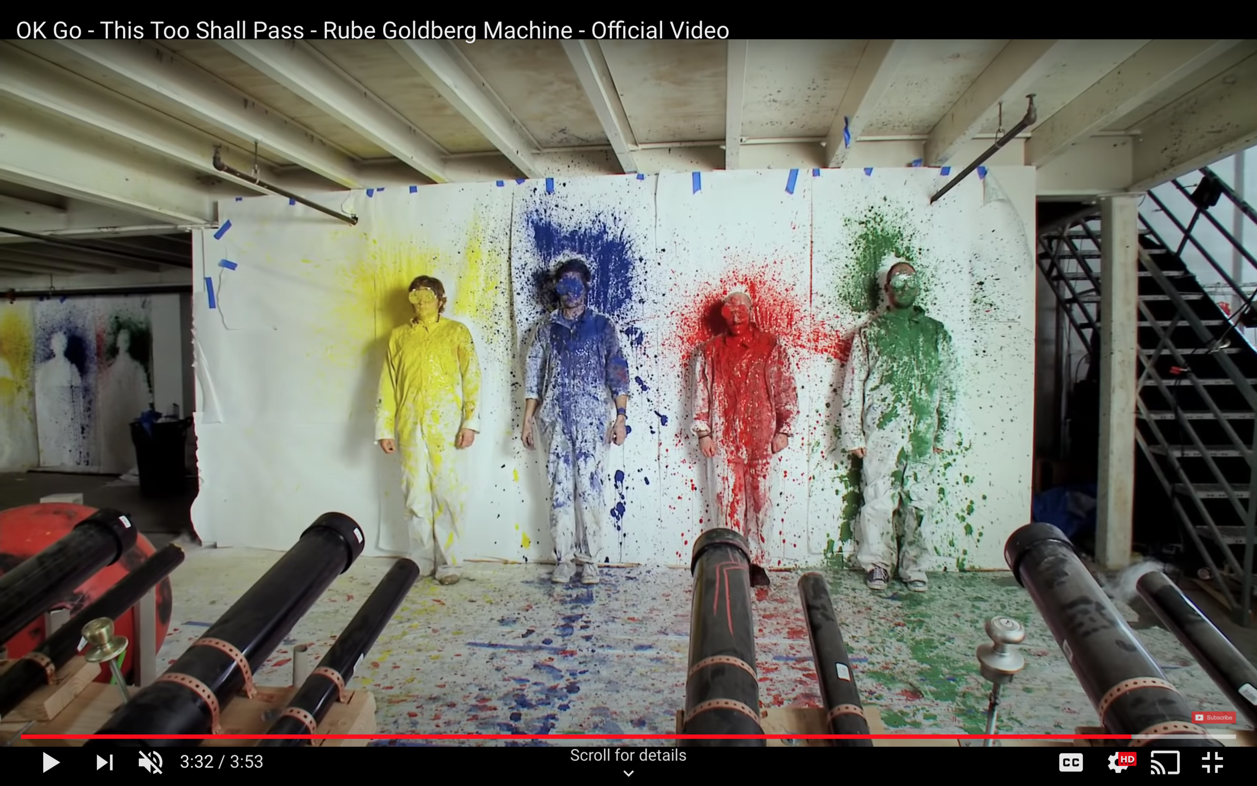 A screenshot of the band OK Go covered in paint, from the final scene of the music video This Too Shall Pass.